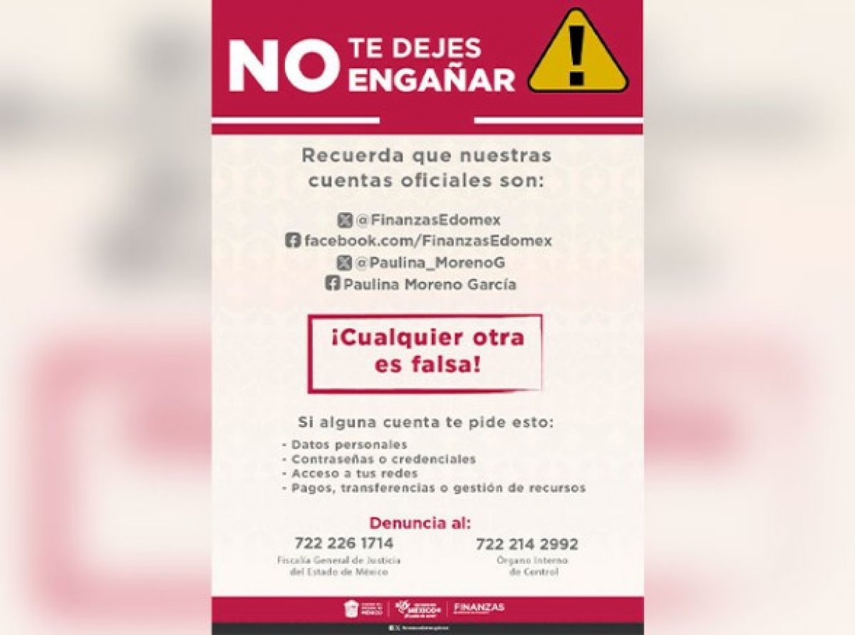 Secretaría de Finanzas del Edoméx advierte sobre cuenta falsa en redes sociales