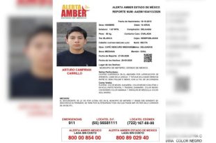 Boletín de Alerta Amber emitido para localizar a Arturo Campiran Carrillo, adolescente de 15 años desaparecido en Metepec.