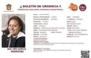 Yeni García Rodríguez, quien desapareció desde el 27 de Marzo