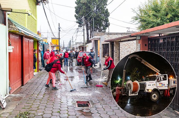 Brigadas municipales, SAPASAC y la CAEM mantienen labores de limpieza y desazolve para retirar lodo, basura y granizo de las zonas afectadas.