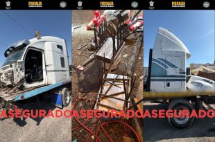 Inspección de un tractocamión recuperado en cateo en Tecámac.