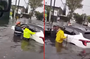 Elementos de la policía municipal y bomberos rescataron a una mujer y a un hombre con discapacidad que quedaron atrapados en su vehículo.